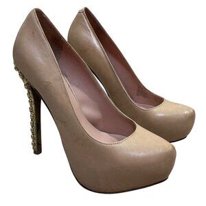 Betsey Johnson Nude Gold Studs Pumps 5" Platform Veeraa Size 6.5 Leather